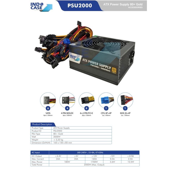 INDOCASE 2000W MINING POWER SUPPLY / PSU MINING / PSU PC GAMING