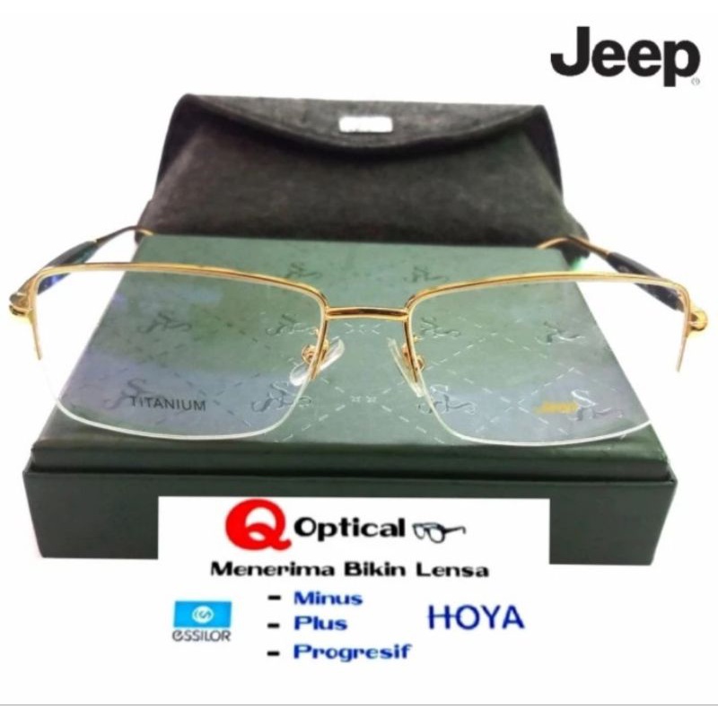 Kacamata Frame Pria Original JEEP 18181 s2 Gold Titanium Half Elegan Model