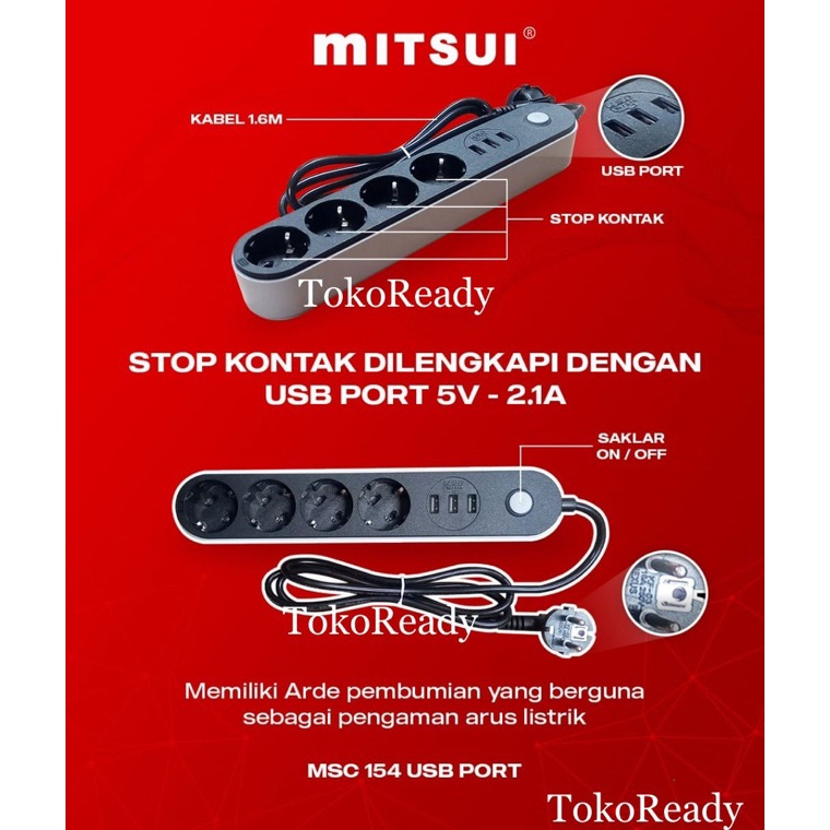 → Stop kontak mitsui 4 lubang 3 USB port terminal kuningan SNI ★ ✭ `