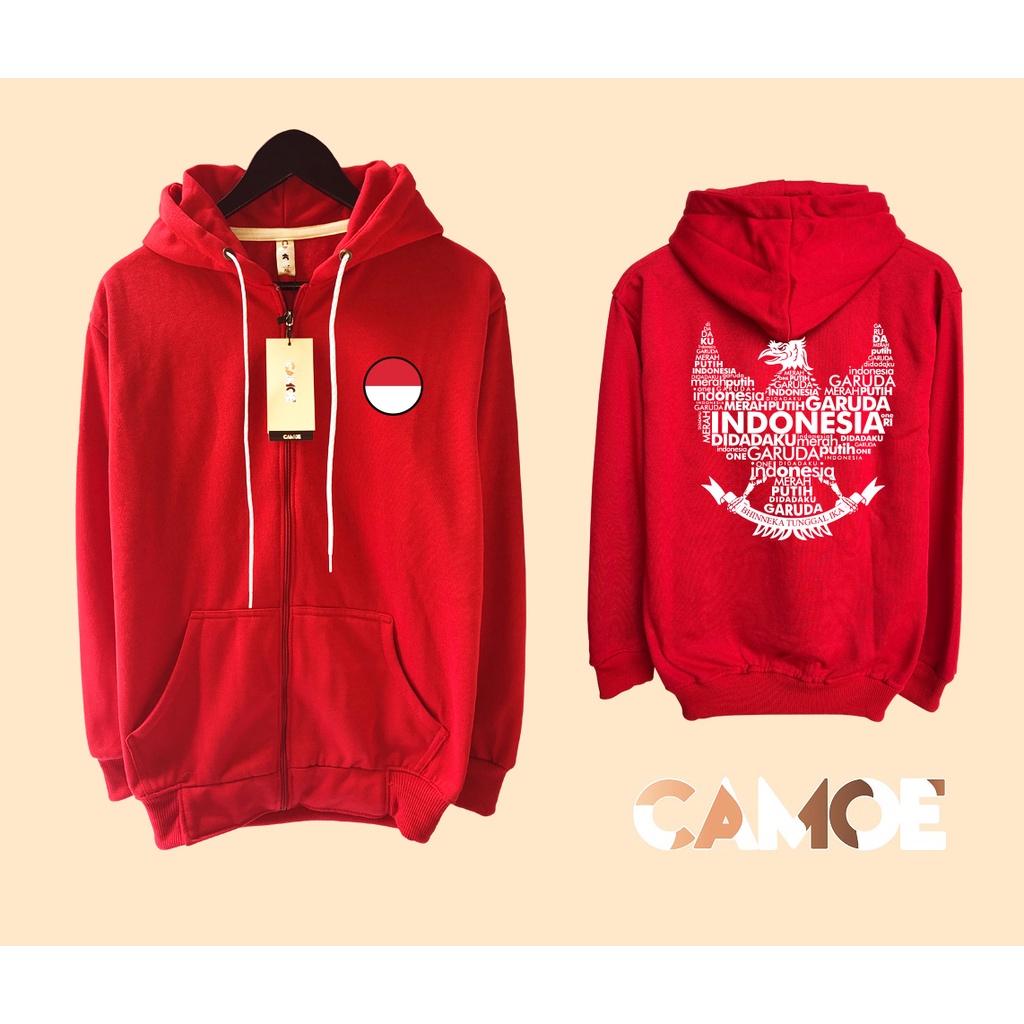 Jaket Hoodie Zipper CAMOE Garuda Merah putih di dadaku INDONESIA
