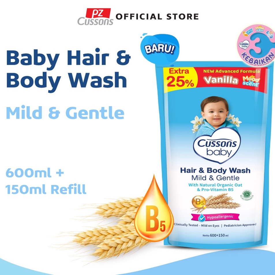 ♣Vpf Cussons Baby Hair & Body Wash Mild & Gentle - Sabun Mandi Bayi 2in1 Refill 600ml + 150ml m Kual