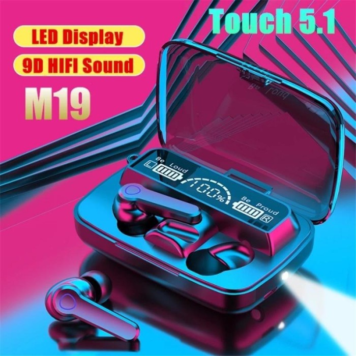 earphone wireles Headset TWS M19 Bluetooth True Wireless V5.1 Flashlight - M19 - HITAM G6T4 werles e