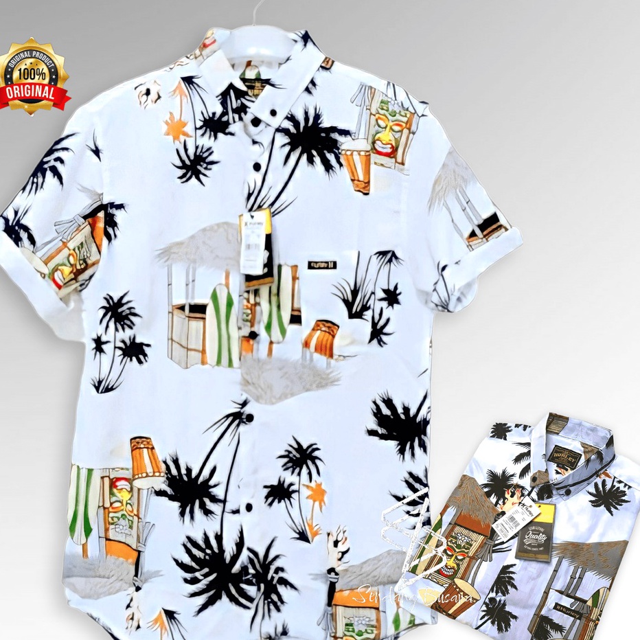 NZML9277 ORIGINAL% Kemeja Motif Surfing Pantai Pria Lengan Pendek Baju Pantai Kotak Bunga Daun Pria 