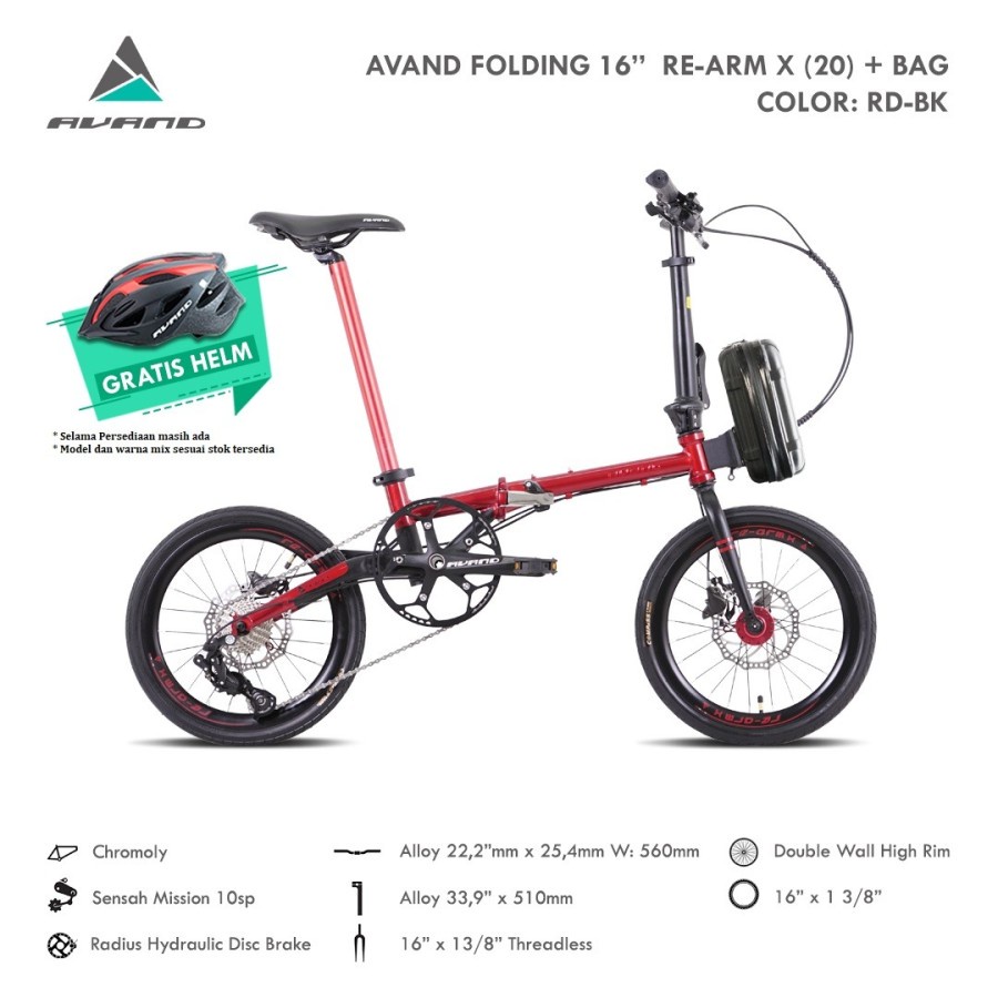 sepeda lipat 16" AVAND RE-ARM X CRHOMOLY 10 SPEED FREE TAS + HELM
