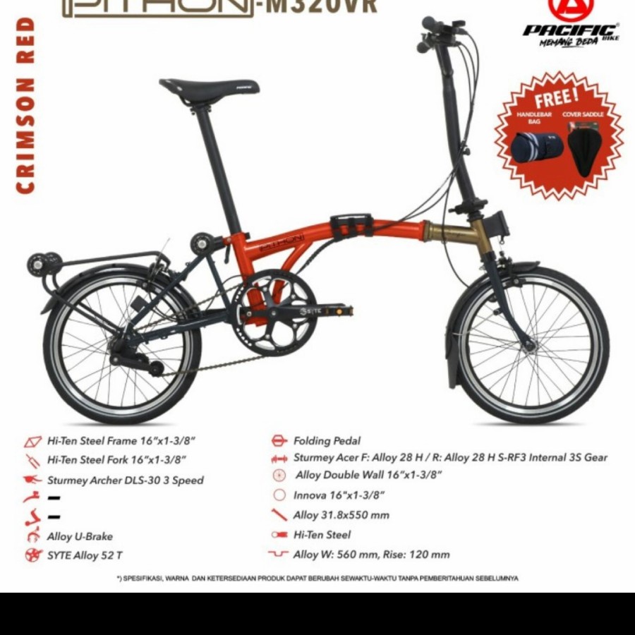 sepeda lipat trifold 16" PACIFIC PITHON 3 speed (sepeda 3 lipat)MANTAP