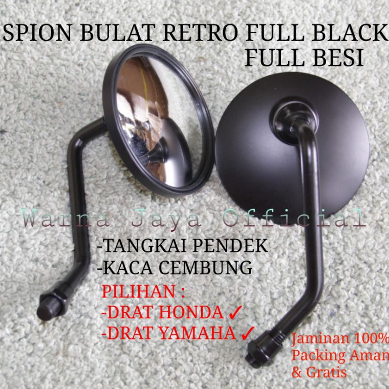 Murah.. Kaca Spion Bulat Retro Full Besi Black Spion Variasi Motor Honda Yamaha Cembung Tangkai Gaga