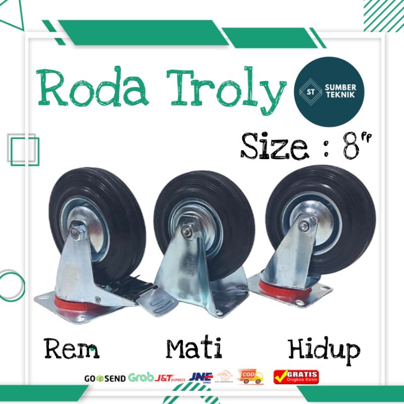 Roda Troli Trolley Etalase Gerobak Karet 8 Inch Only Hidup Mati Rem 8"