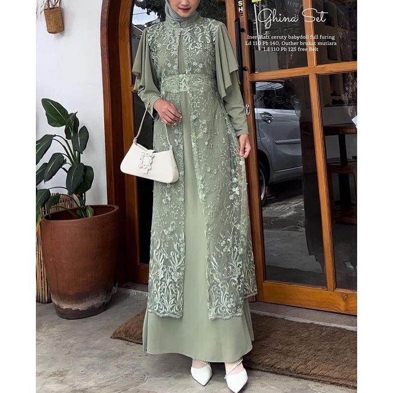 Big Sale - Gamis kondangan brokat warna sage ceruty baby doll gamis  2023 gamis mewah elegan gamis b