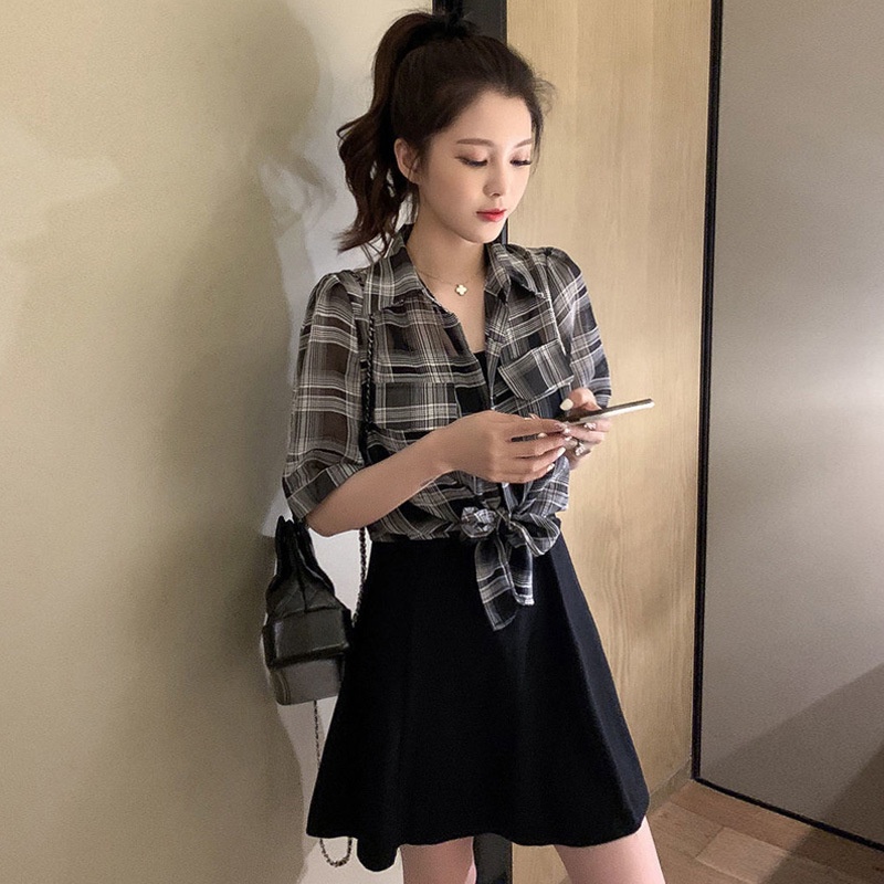 DDH 543 satu set dress outer pakaian wanita kemeja cardigan gaun rok korea style