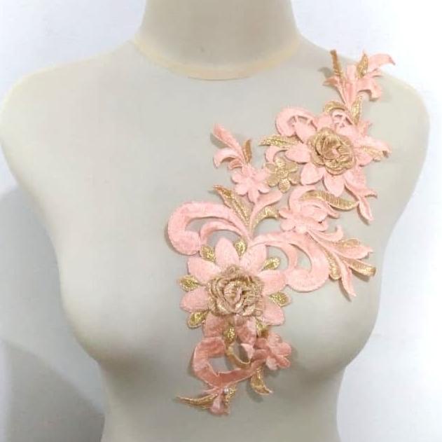 :>:>:>:>] Renda Aplikasi Bordir Tabur / Patch Bordir Bunga Rosa Salem-Emas