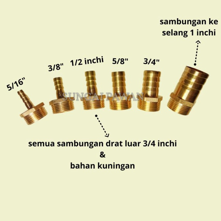 ➽✤★ sambungan konektor pipa drat luar 3/4 inchi ke selang 5/16 - 3/8 - 1/2 - 5/8 - 3/4 - 1 inchi kun