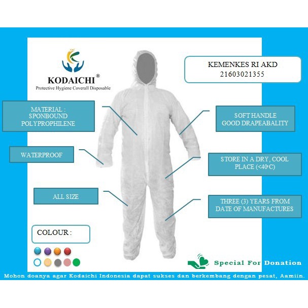 Ready  Hazmat Coverall Kodaichi APD Medis Polyprophilene Kodaichi 45 gsm