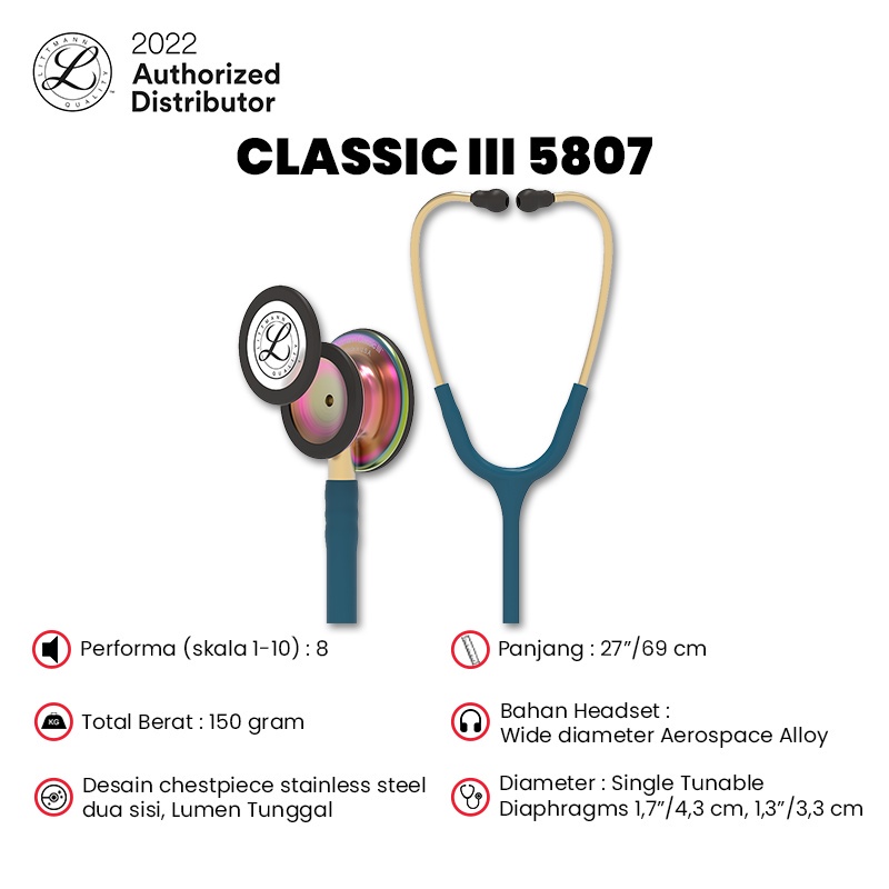 3M Littmann Classic III Stethoscope / Stetoskop Dewasa - CARIB BLUE / RNBW - 5807