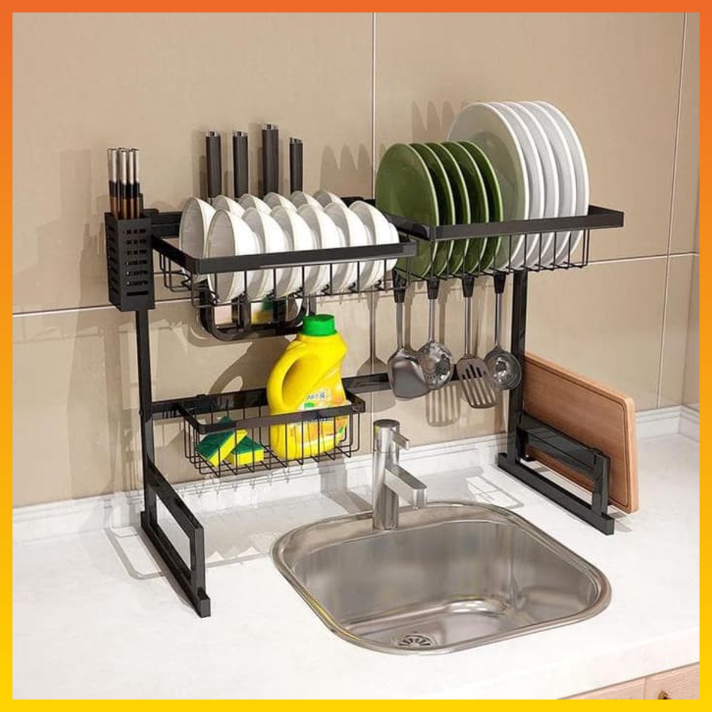 Rak Piring Wastafel Stainless Steel Hitam Anti Karat Peralatan Dapur Serbaguna 2 Ukuran