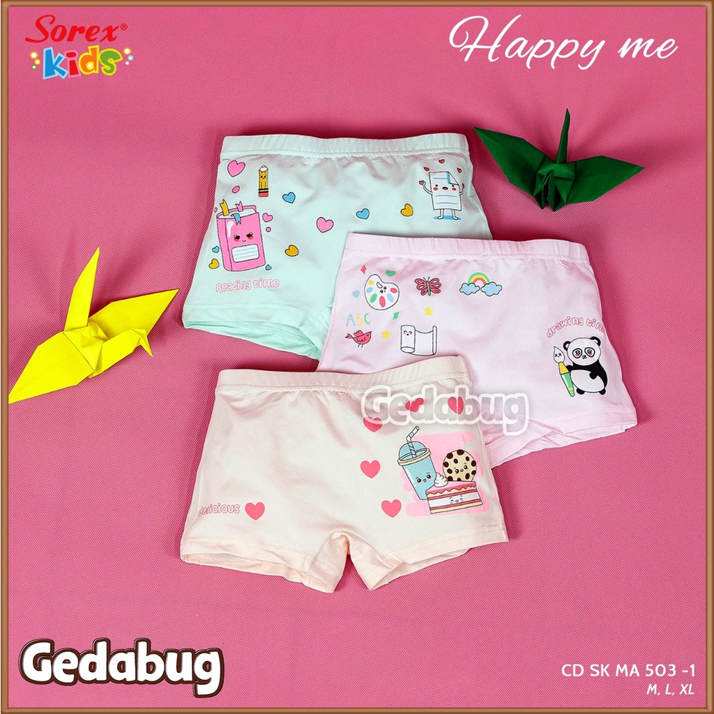 3 Pcs  - CD Boxer Sorex Kids MA 503 Motif Girl Happy Me Boba | Celana dalam anak Super soft | Gedabug