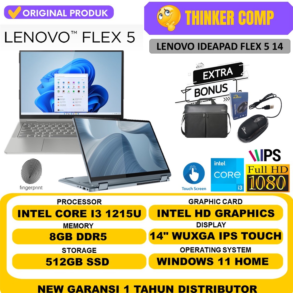 LAPTOP LENOVO IDEAPAD FLEX 5 14 CORE i3 1215U 8GB 512GB SSD WUXGA IPS TOUCH WINDOWS 11