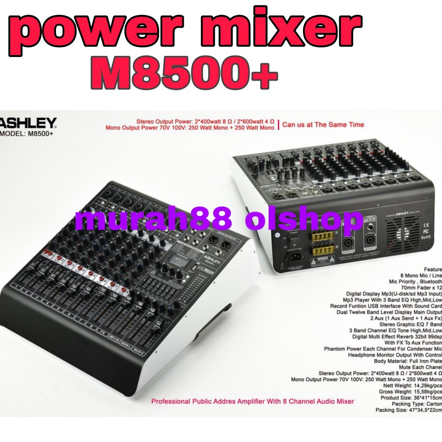 power mixer ashley m8500+ m 8500+ m8500 8channel plus ampli toa mixer plus toa