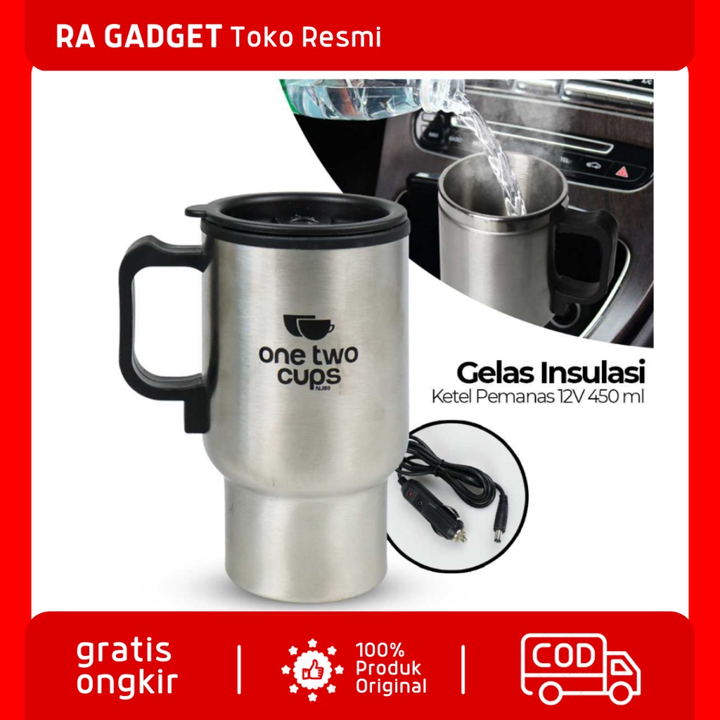 One Two Cups Gelas Insulasi Stainless Steel Pemanas 12V 450 ML / Mug Teko Gelas Listrik Pemanas Air 