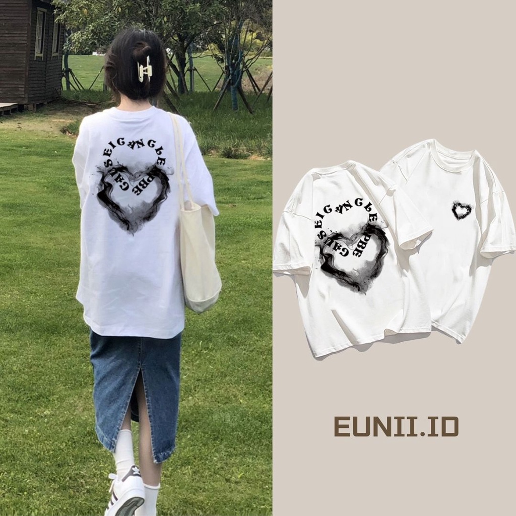 EUNII T-shirt Lengan Pendek Vintage Hitam Love Ink Korean Style/Kaos Atasan Wanita/Baju Kaus Oversize Wanita/Kaos Wanita