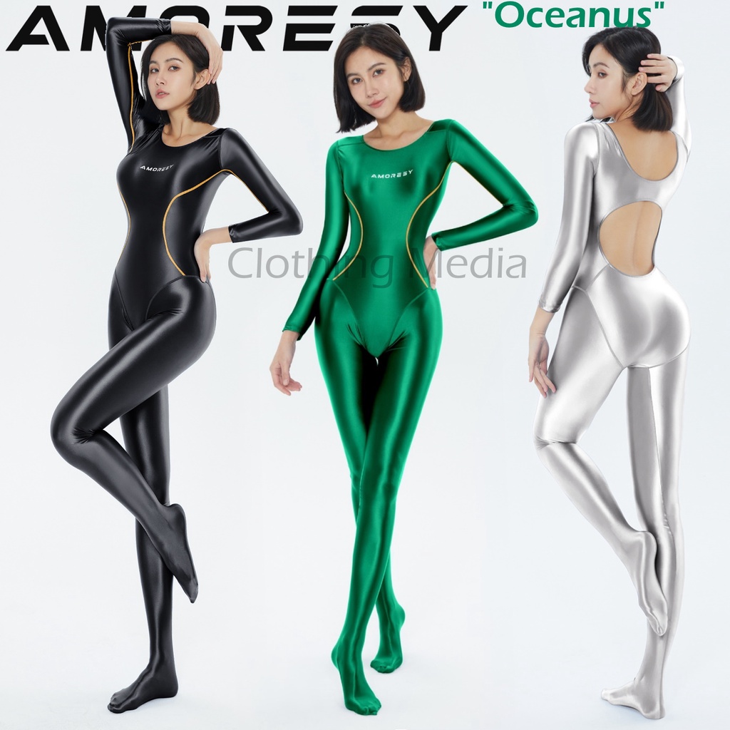 AMORESY Bodysuit Backless Glossy Punggung Terbuka Silky Elastis Jumpsuit Halus