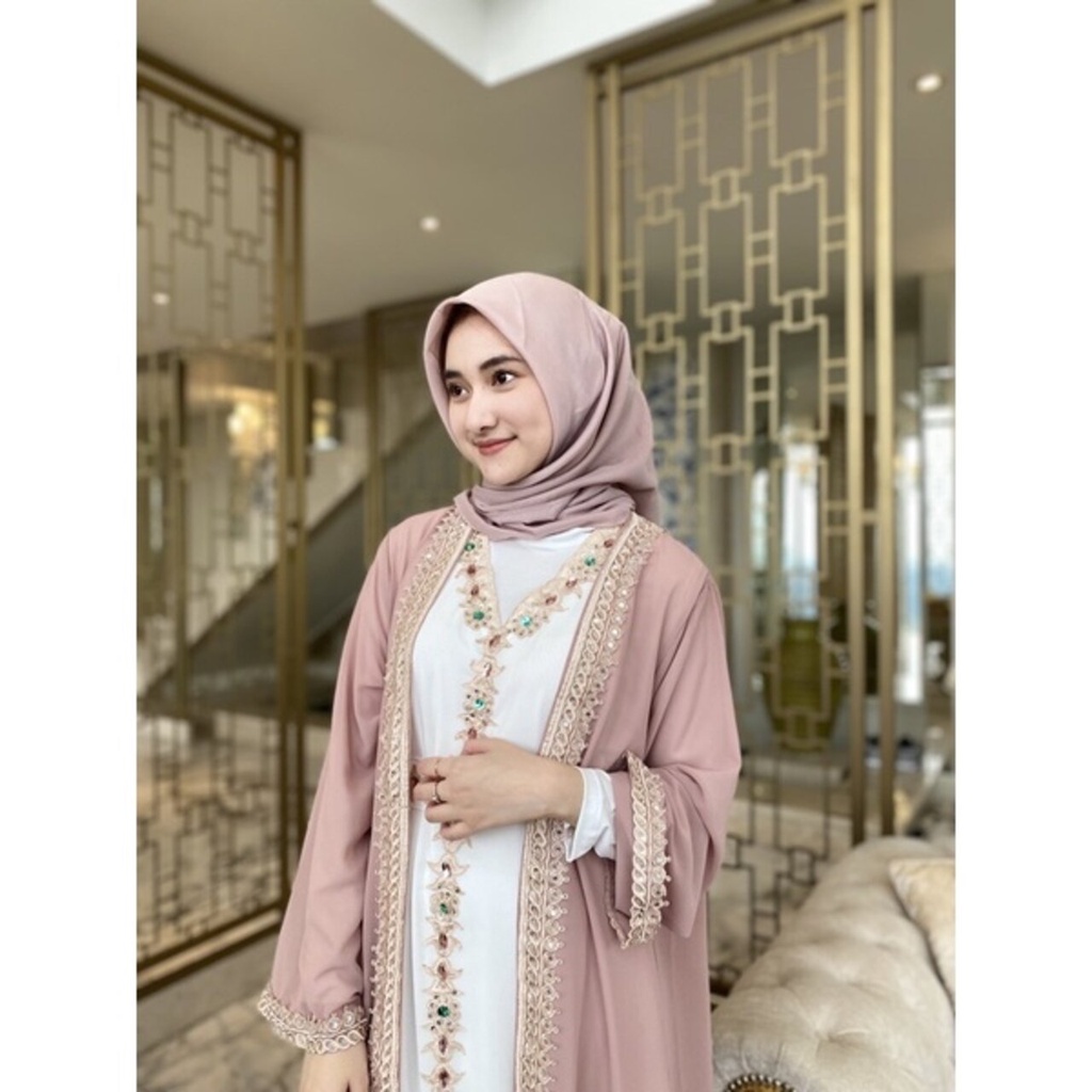 Shireenz Abaya Dress Kaftan Free Manset Turban Belt L XL XXL Dress Lebaran Kondangan Inner Belt Outer L XL XXL Premium Jumbo Mewah Gamis Muslim Produk Terbaru Dusty Pink Taro Milo Hitam Sage Abu