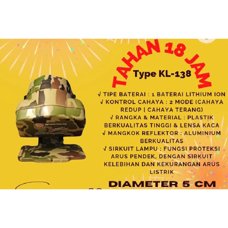 Headlamp Dony Senter Kepala Dony KL138 KL-138 3W 3 Watt Cahaya Terang Putih Kuning