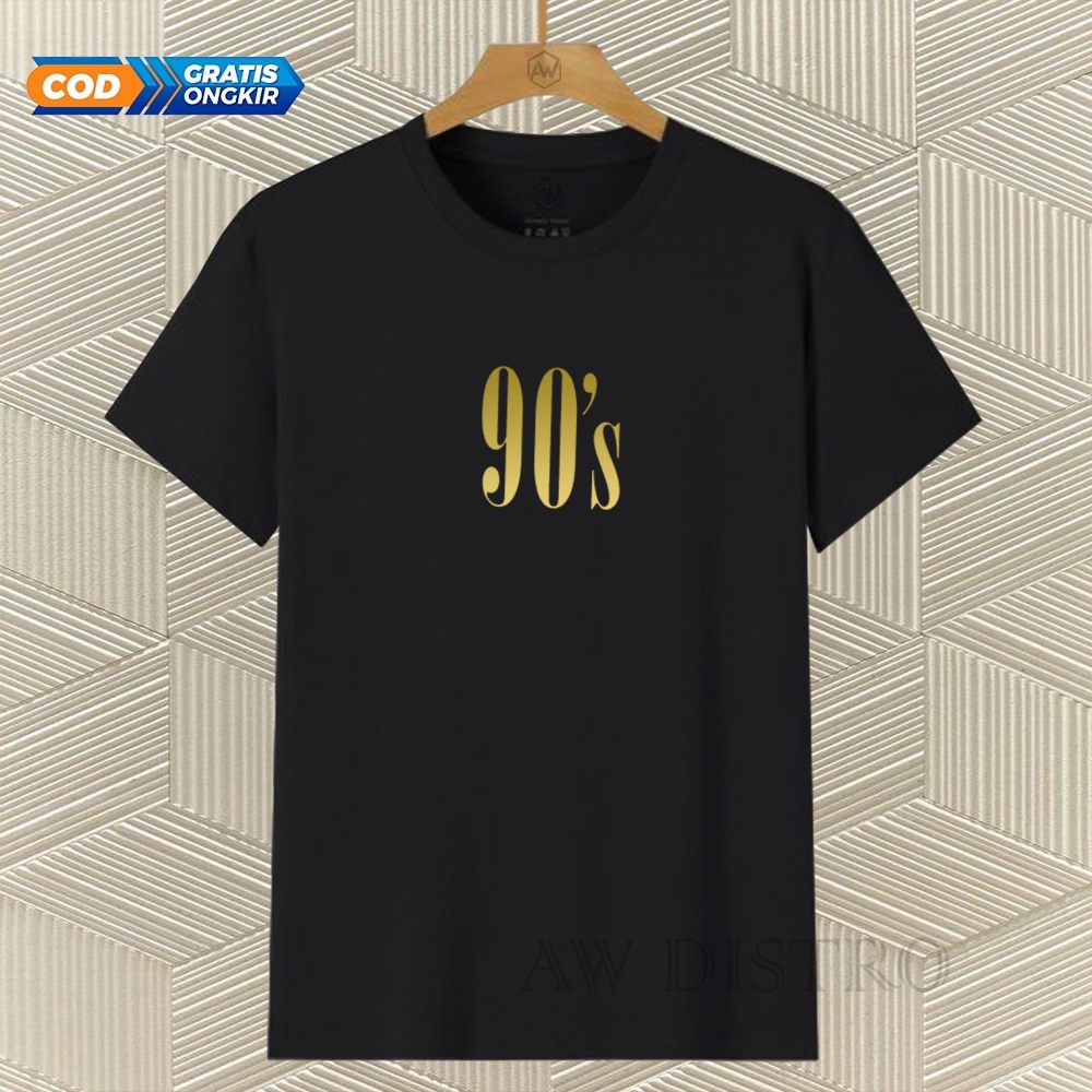 COD Baju Kaos Distro 90S Teks Gold Premium Quality Lengan Pendek