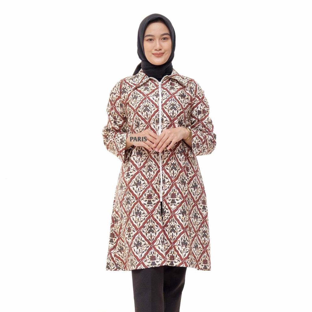 Baju Batik Wanita Zipper Jumbo Kekinian Lengan Panjang Tunik Batik Terbaru Katun Primis Unggul Jaya