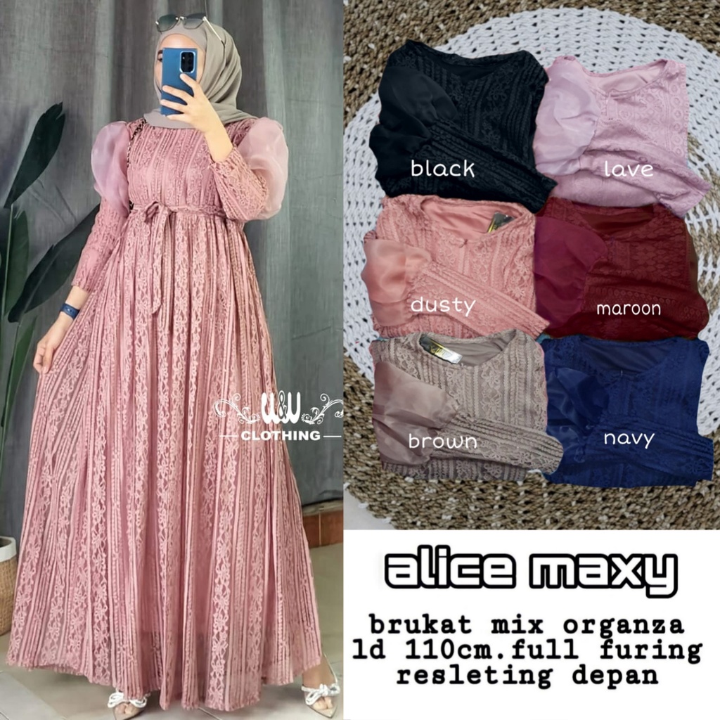 Dress Muslim Alice Maxy Brukat Mix Organza Ful Furing Kondangan Gamis Muslimah Remaja Polos Baju Lebaran Hari Raya Dres Brokat Terbaru Gaun Pesta Resepsi Alice Dress Warna Sage Green Wardah Dusty Teracota Marun Navy Lave Hitam