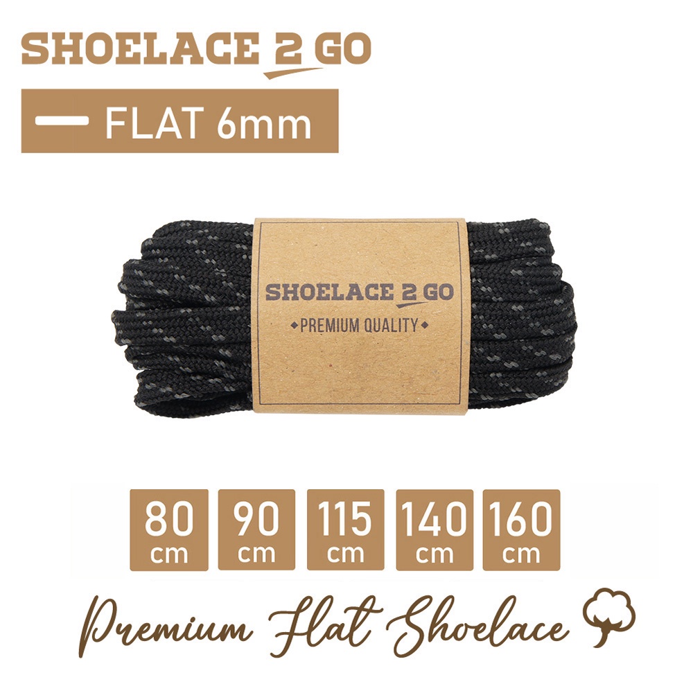 SHOELACE 2 GO PREMIUM TALI SEPATU MOTIF GEPENG PIPIH FLAT N5 BLACK WITH GREY STRIPES - 80CM 90CM 115CM 140CM 160CM