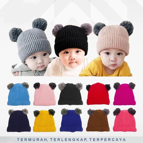 Kupluk Pompom Anak Bayi Cewek Cowok Polos / Bordir Nama Suka Suka