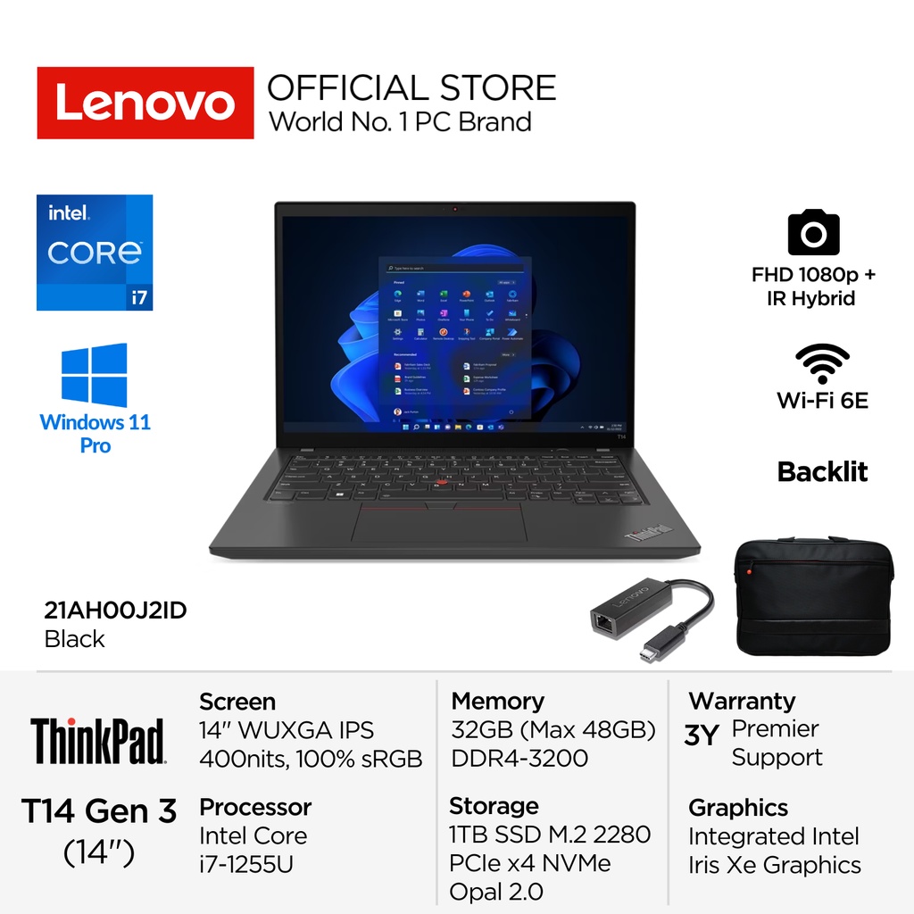 Lenovo ThinkPad T14 Gen 3 J2ID Intel Core I7 1255U Win11 Pro 32GB 1TB SSD 14" WUXGA IPS 100% sRGB An