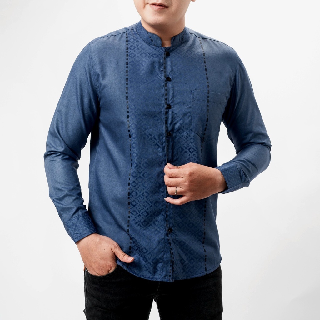 Timofey Kemeja Atasan Baju Koko Pria Lengan Panjang Slim Fit Premium Hem Lebaran Blue