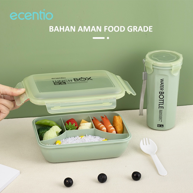 ecentio Lunch Box Set 4 Grid Anti Tumpah Dan Tas/Kotak Bekal Makan Botol Minum Free Sendok Tempat Makan Lucu Bag BPA free