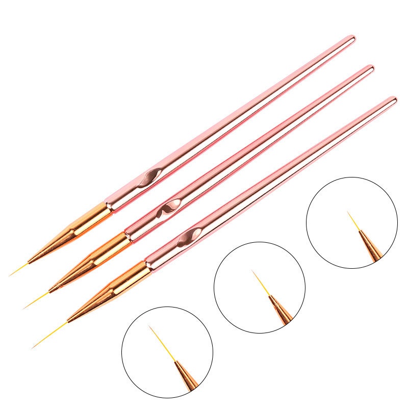 3PCS Kuas Liner Brush Akrilik Rose Gold Seni Nail Art Kuas