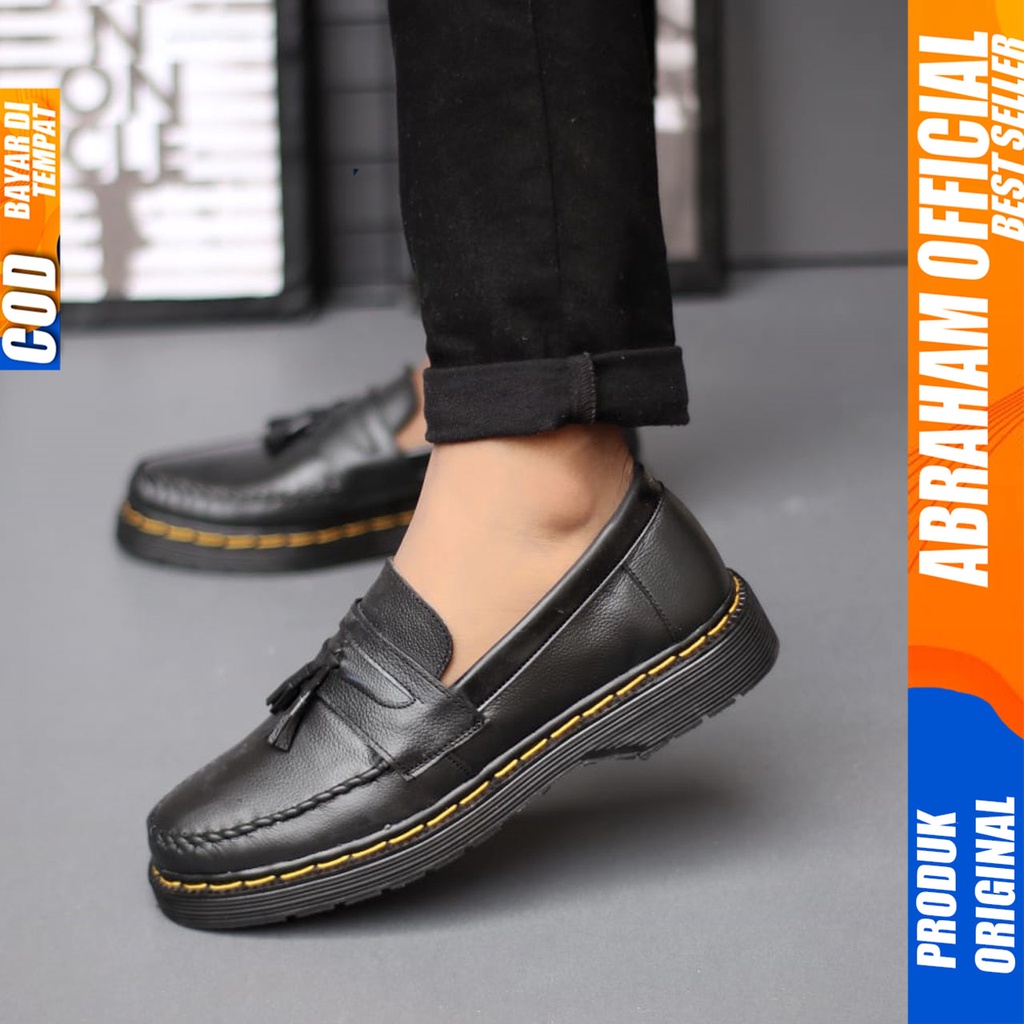 Sepatu Loafers Pantofel Formal Pria Docmart Casual Kulit Asli Hitam Kerja Pria Abraham Mosiki Slop