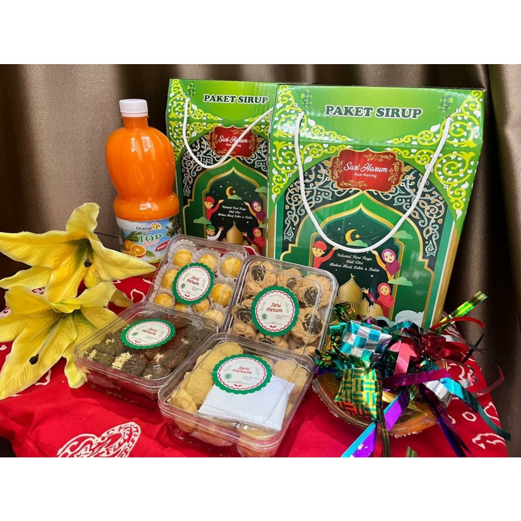 

PAKET KUE KERING LEBARAN SARI HARUM KOMBO SIRUP PARCEL HAMPERS IDULFITRI EID RAMADAN GROSIR READY