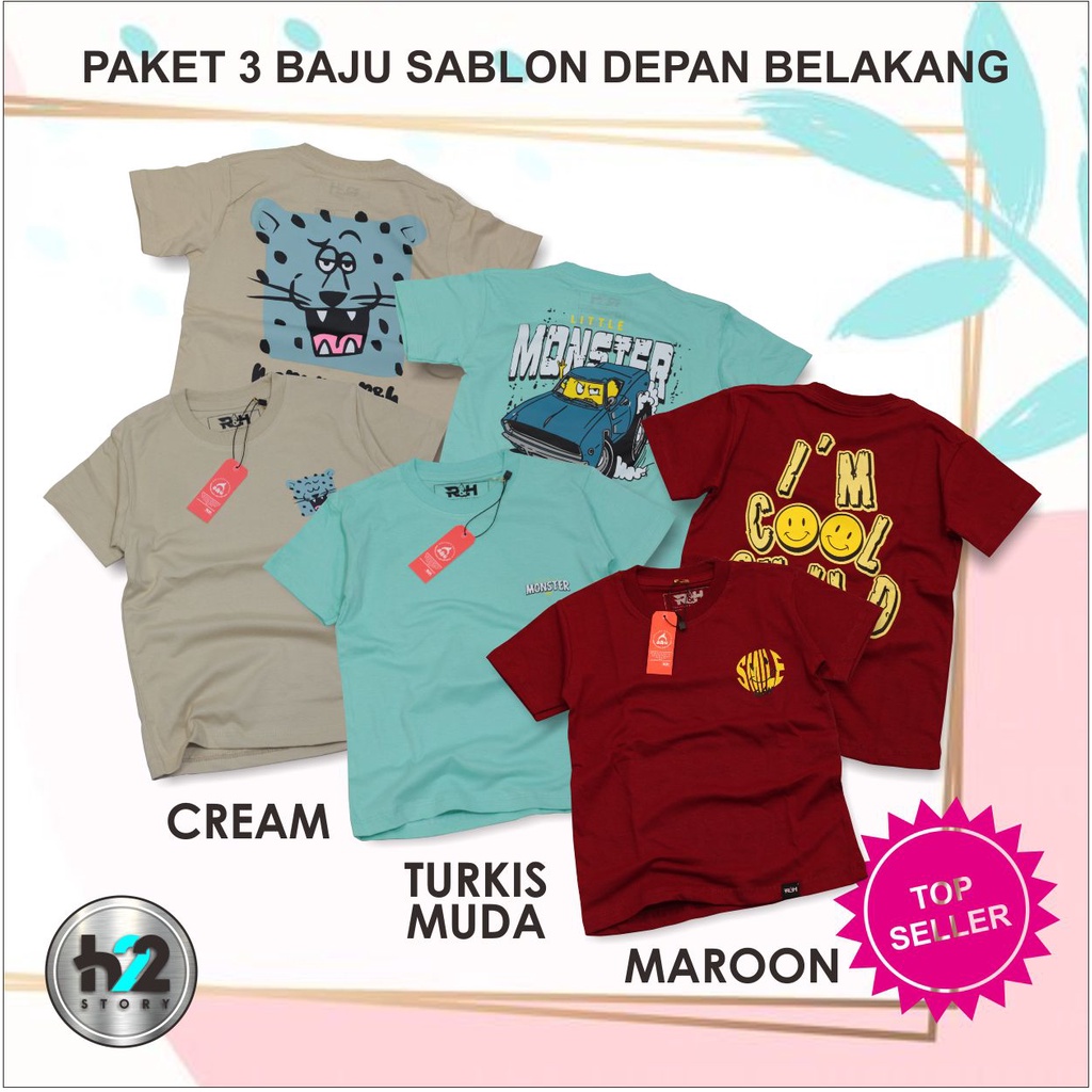 Paket 3 Kaos Anak Distro / Baju Anak Distro / Kaos Anak Distro / Atasan Anak / Bahan Cotton 30S  Kekinian By H22Story