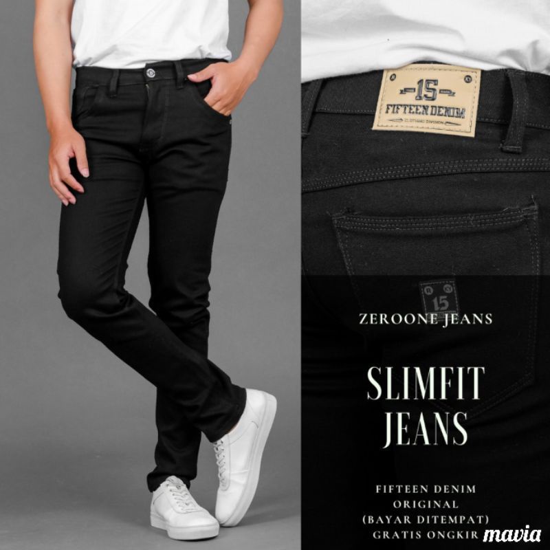 Celana Jeans Pria Panjang Denim Skinny Semi Slim Fit Pensil Cowo/Cowok Melar Distro Bandung Original New Fifteen Denim Hitam Bahan Stretch Dan Grosir Promo Jins Jean Jin Terkait