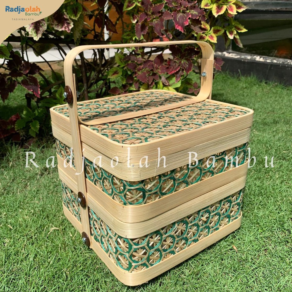 (20 PCS) Besek bambu / Kotak Bambu 2 Susun Motif Anyaman Laba Hijau Sudut Lempeuh/Lengkung / Hampers