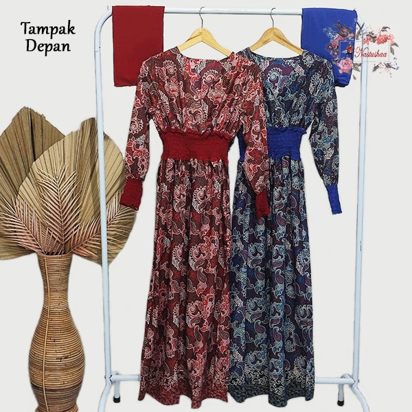 Gamis Batik Wanita Bahan Katun Halus Kombinasi Rayon Set Dress Motif Batik+Pashmina Full Karet Pinggang Keliling Rempel Gamis Batik Muslimah Maxy Dress Muslimah Fit L