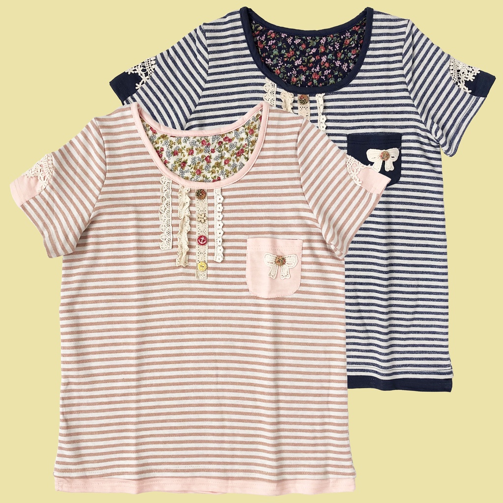 BLUS KAOS KNIT GARIS PINK BIRU NAVY PUTIH KOMBI POLOS & RENDA IMPORT