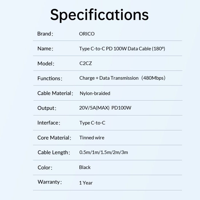 Cable type-c to usb-c pd orico 1m 5A 480Mbps 100w fast charging braided c2cz-10 - Kabel charge data 100cm 1 meter