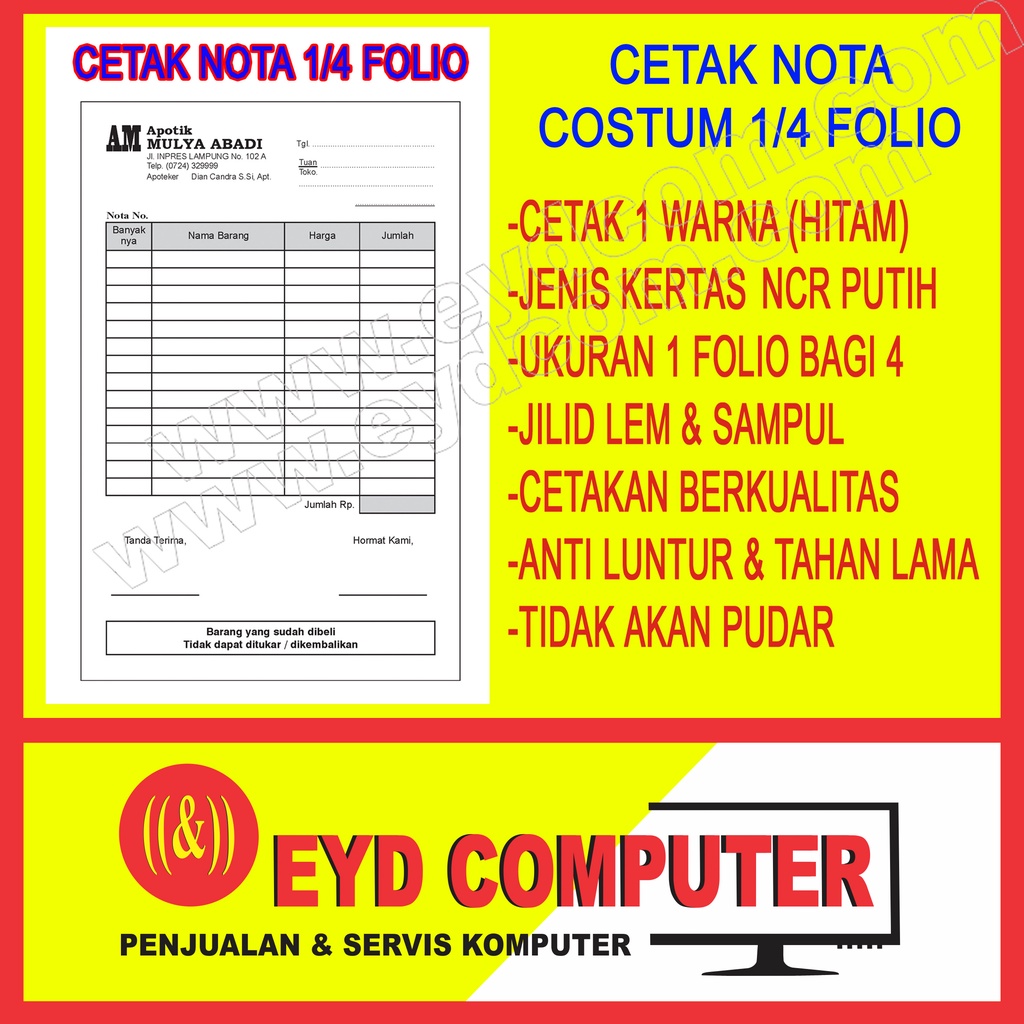 

CETAK NOTA 1 PLY 1 FOLIO BAGI 4 KERTAS NCR COSTUM ISI TANPA RANGKAP CEK BON KWITANSI SURAT JALAN