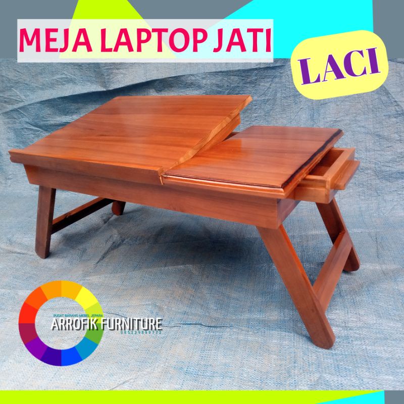 meja Portabel / meja laptop belajar ngaji Kayu Jati Lipat 70*40 laci BESAR JUMBO
