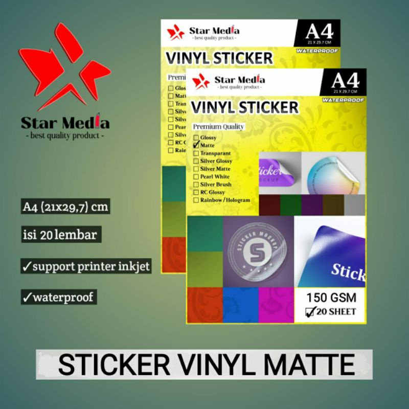 

KERTAS STICKER VINYL MATTE 150 GSM A4 ISI 20 LEMBAR TAHAN AIR/ STIKER VINIL DOFF WATERPROOF