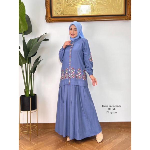 Zaja - Baju Gamis Linen Cringkle Bordir Cantik &amp; Mewah Pakaian Dress Muslim Perempuan Dewasa Kekinian Baju Muslim Cewek Terkini Fashion Muslim Wanita Terbaru