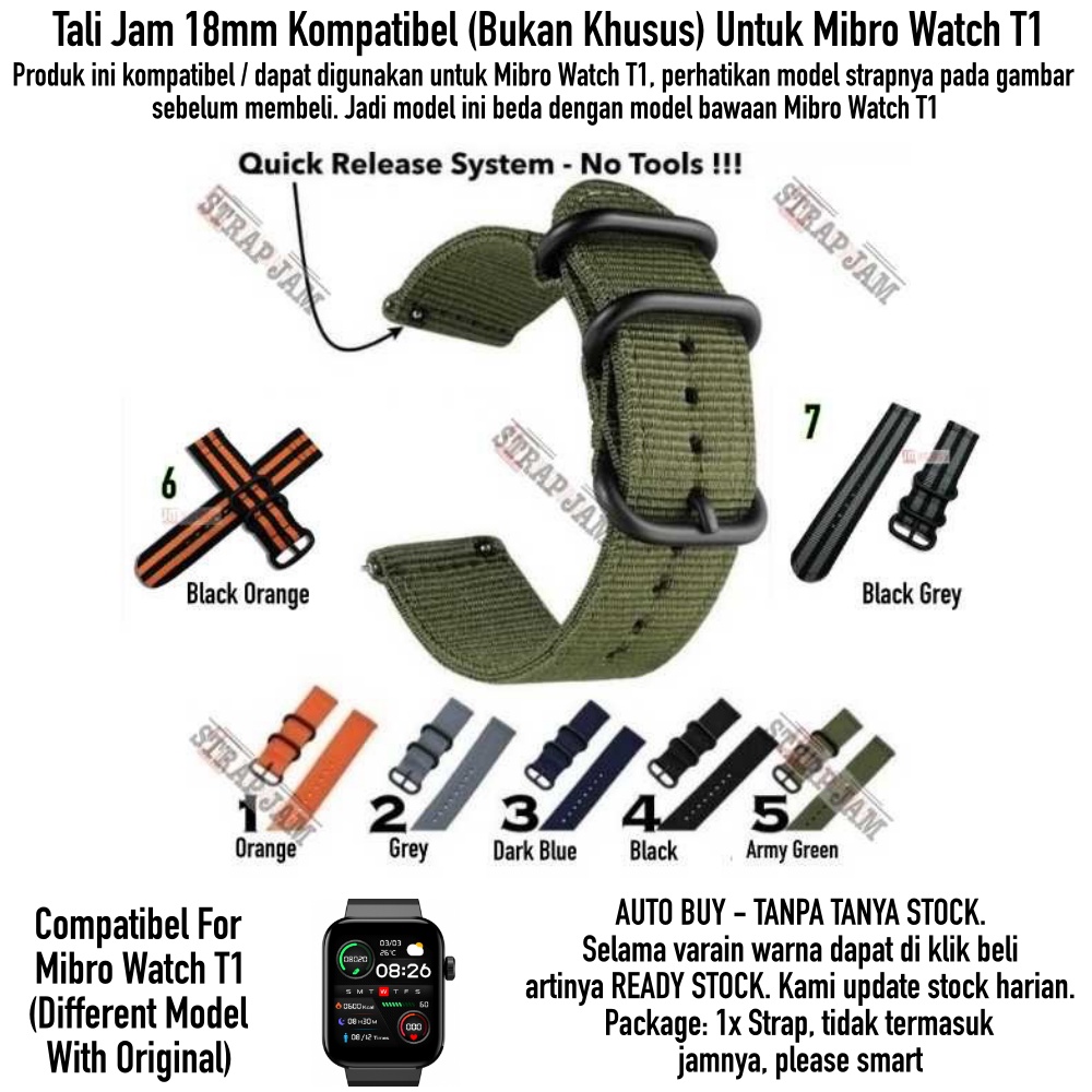 STT Tali Jam Tangan Kompatibel Mibro Watch T1 - Strap 18mm Nylon Stitching Nilon Army Look