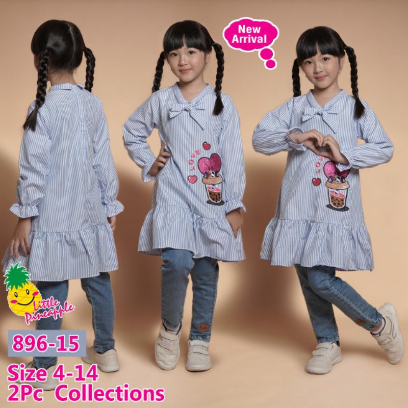 ( LP. 896-15 ) LITTLE PINEAPPLE SETELAN TUNIK BORDIR JEANS No. 4-14