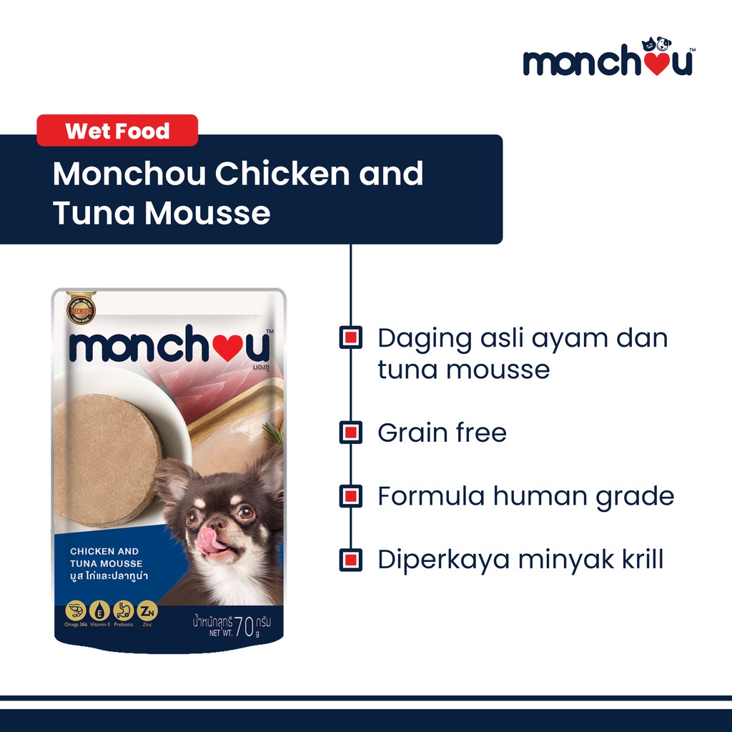 Monchou Makanan Anjing Human Grade Chicken &amp; Tuna Mousse 70gr